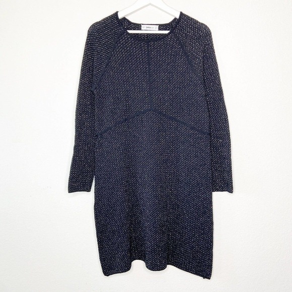Zara Black Metallic Silver Knit Tweed Long Sleeved Dress Sz S - Picture 2 of 10